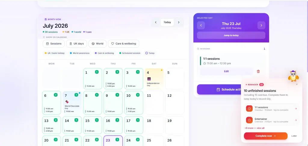 Activity Planner Calendar month view with sessions and special days