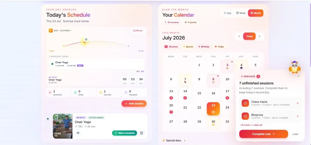 Activity Planner Dashboard showing Today's Schedule and calendar overview