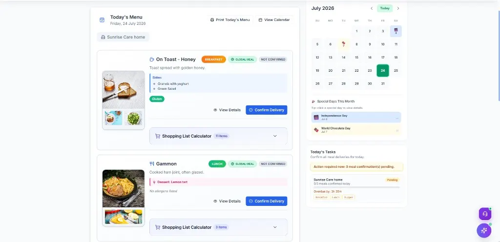 Meal Manager Dashboard showing Today's Menu, calendar and today's tasks