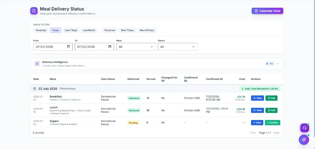 Meal Manager Delivery Status with confirmations, costs and delivery records