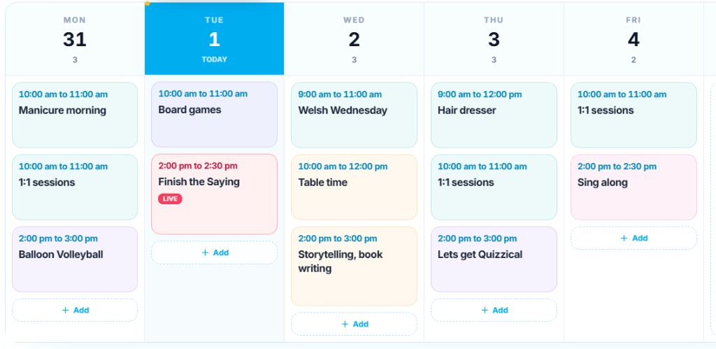 Weekly activity calendar with sessions for each day