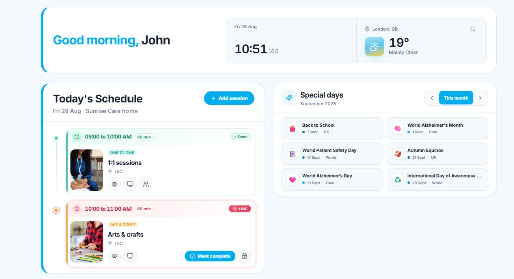 Activity Planner showing today's schedule and special days